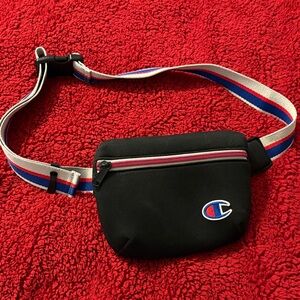 Champion Black Crossbody Bag with Red Zipper and Blue Logo
